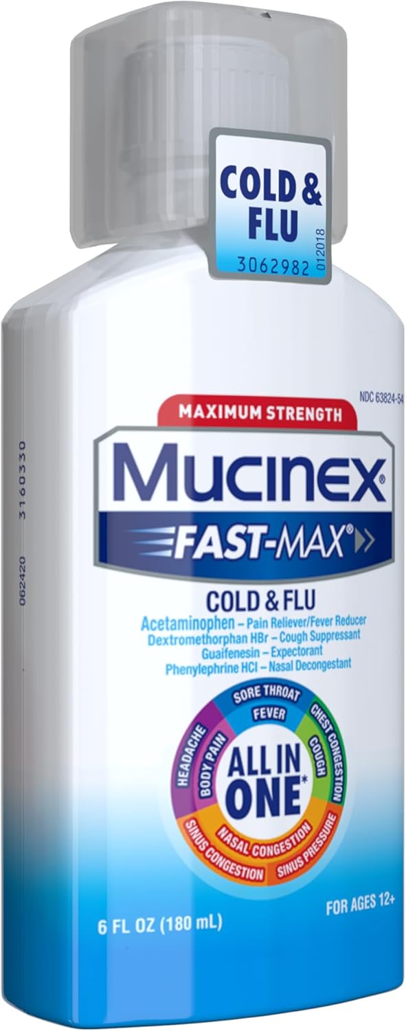 Mucinex Maximum Strength Fast-Max Cold & Flu and Nightshift, All-in-One Multi Symptom Relief Liquid, 6 Fl Oz - 2 Count (Pack of 1)