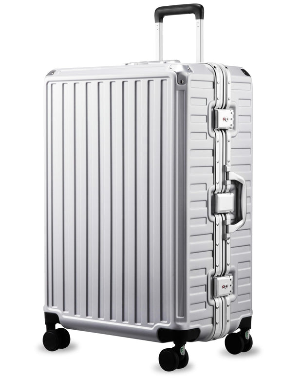 LUGGEX Checked Suitcase with Spinner Wheels, 28 Inch Aluminum Frame Zipperless Polycarbonate Hard Shell Suitcase, Charcoal Metallic