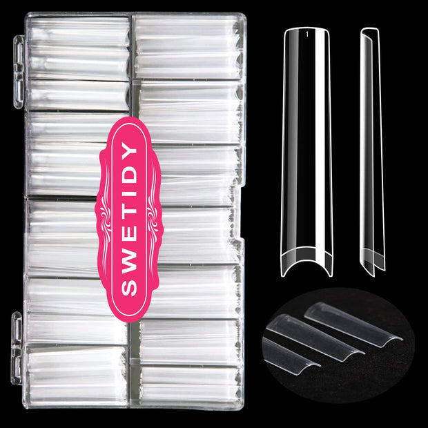No C Curve 3XL Long Coffin Nail Tips, 420pcs Clear Acrylic Coffin Shape SWETIDY Flattened Half Cover False Nails for Salon&Home DIY French ABS Nail Art Tips,12 Sizes