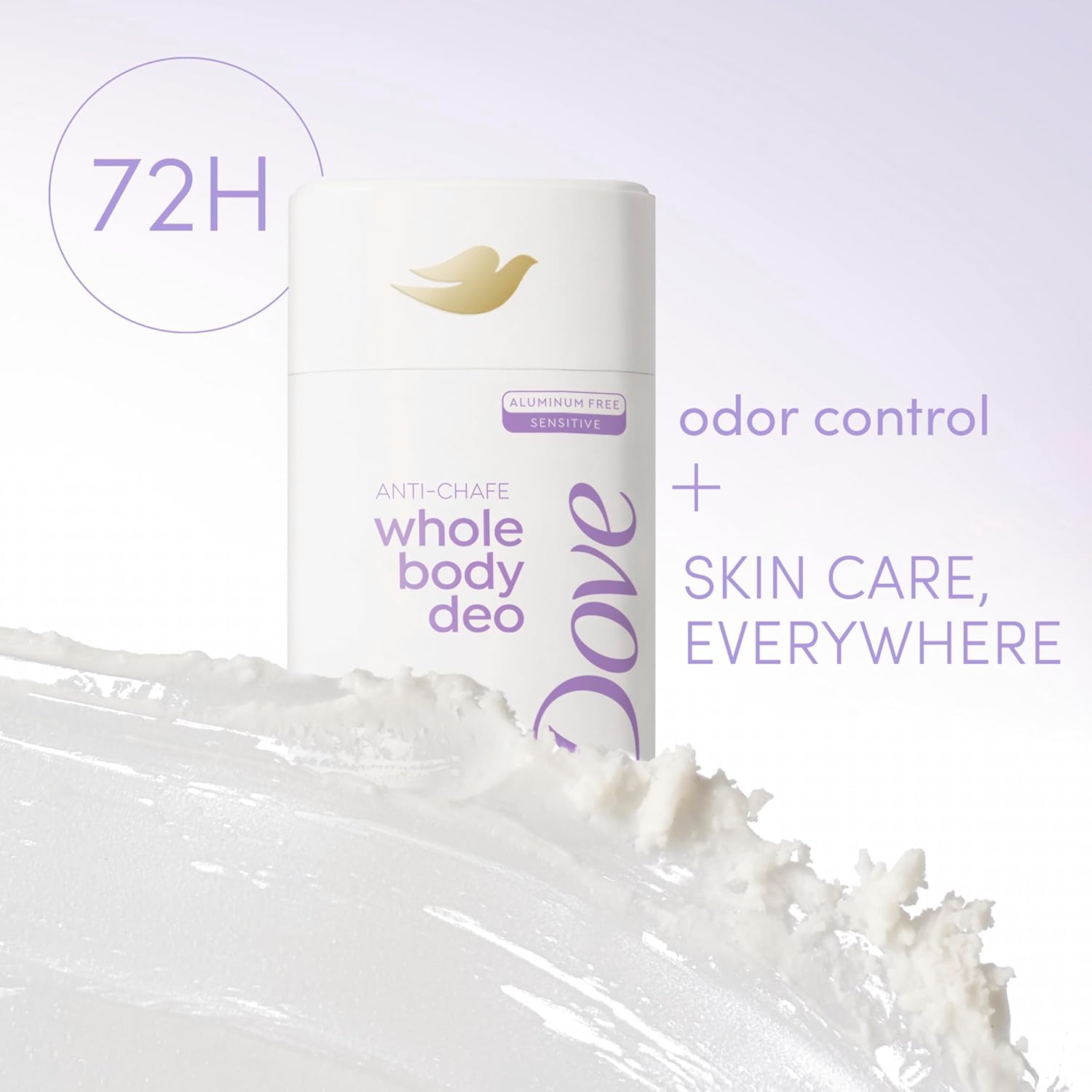 Dove Whole Body Deo Aluminum Free Anti-Chafe Deodorant Stick Coconut & Vanilla for 72h Odor Control 2.6 Oz