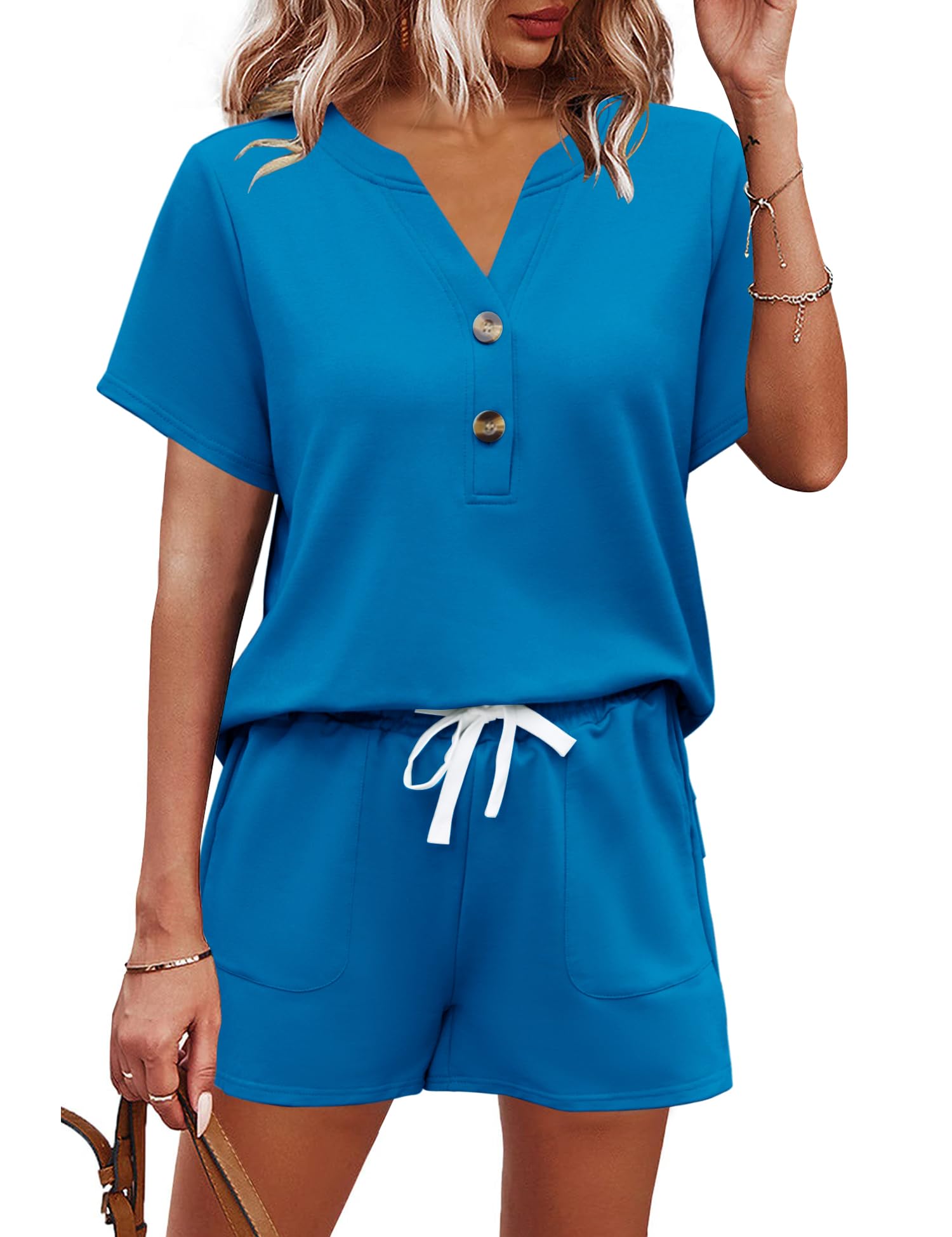 AKEWEI Womens Two Piece Outfits Summer Lounge Sets Tracksuit V Neck Buttons Down Tops and Shorts Set with Pockets