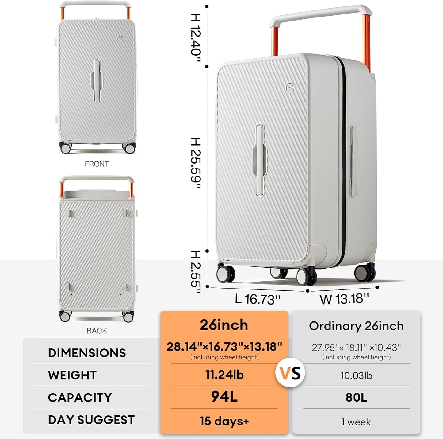 mixi 26 Inch Large Checked Luggage Suitcase with Spinner Wheels Upgrade Wide Handle PC Hard Shell Rolling Travel Suitcase with TSA Lock, Smoke White