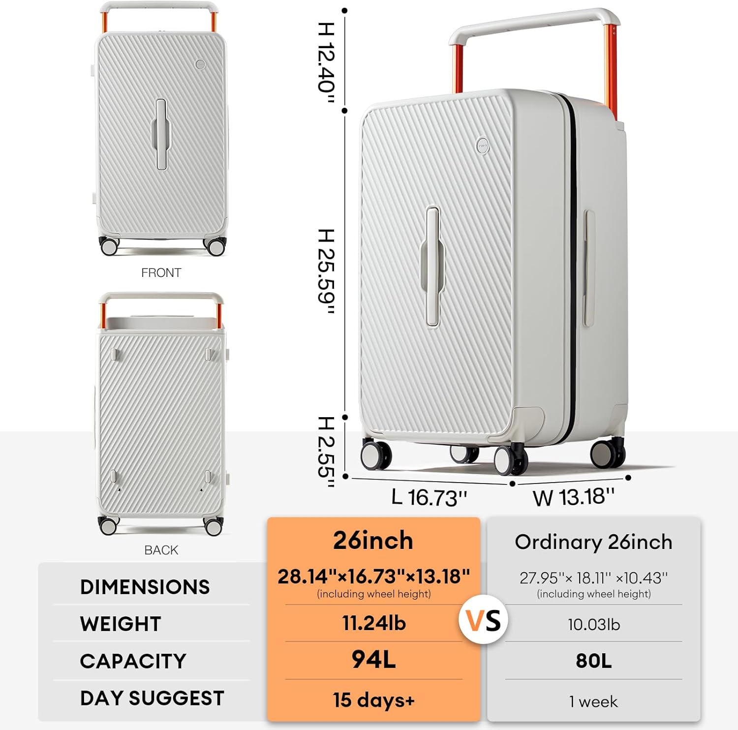 mixi 26 Inch Large Checked Luggage Suitcase with Spinner Wheels Upgrade Wide Handle PC Hard Shell Rolling Travel Suitcase with TSA Lock, Smoke White