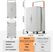 mixi 26 Inch Large Checked Luggage Suitcase with Spinner Wheels Upgrade Wide Handle PC Hard Shell Rolling Travel Suitcase with TSA Lock, Smoke White