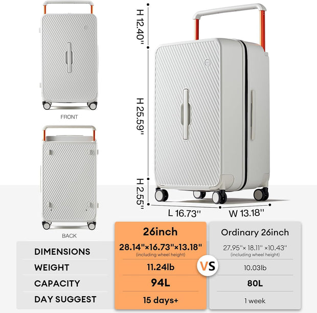 mixi 26 Inch Large Checked Luggage Suitcase with Spinner Wheels Upgrade Wide Handle PC Hard Shell Rolling Travel Suitcase with TSA Lock, Smoke White