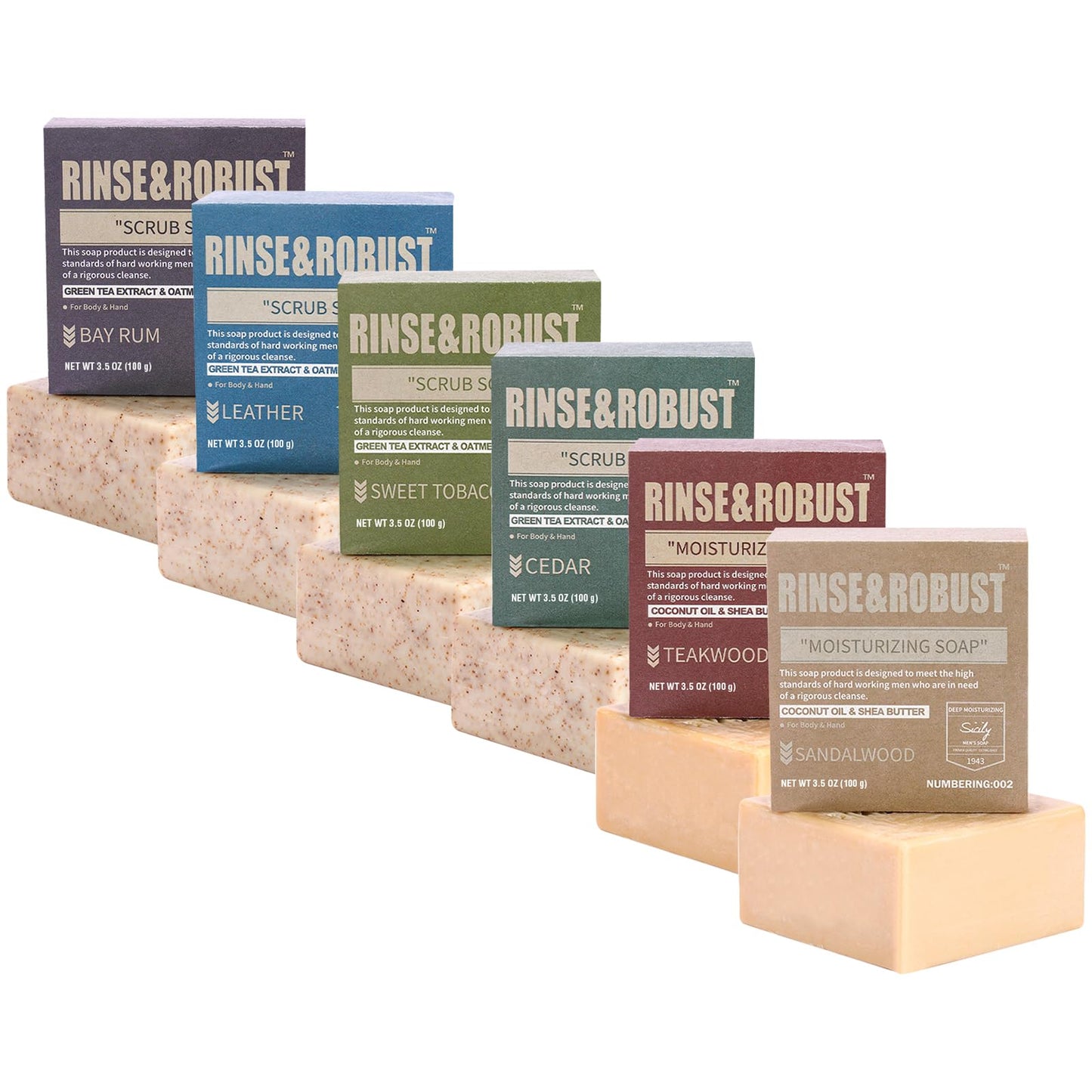 Rinse & Robust Mens Bar Soap Bath Bar Soap 3Pack Handmade Natural Soap Bar Set Cleansing Bar Moisturizing&Exfoliating Scrub Soap Gift Set for Men | Leather, Sandalwood, Teakwood | 3.5 oz of 3 Bars
