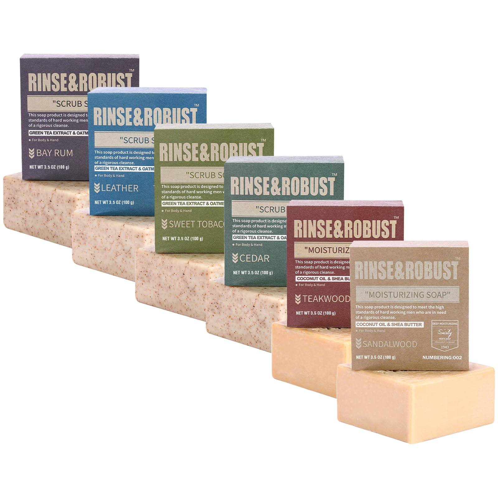 Rinse & Robust Mens Bar Soap Bath Bar Soap 3Pack Handmade Natural Soap Bar Set Cleansing Bar Moisturizing&Exfoliating Scrub Soap Gift Set for Men | Leather, Sandalwood, Teakwood | 3.5 oz of 3 Bars
