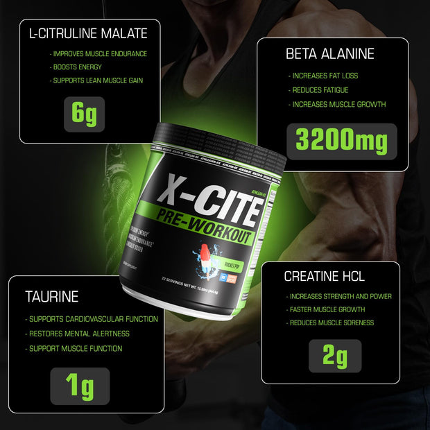 X-CITE Pre-Workout by ATHLEAN-X - Enhanced Formula with Beta-Alanine, Creatine & Caffeine for Ultimate Energy, Endurance, Focus & Muscle Pump, NSF Certified for Sports (22 Servings, Fruit Punch)
