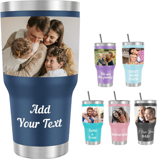 Personalized Tumbler With Name Picture, Custom Insulated Tumbler 30oz with Lids and Optional Straws, Custom Travel Tumblers Personalized, Birthday Christmas Father's Day Gift for Dad, Men