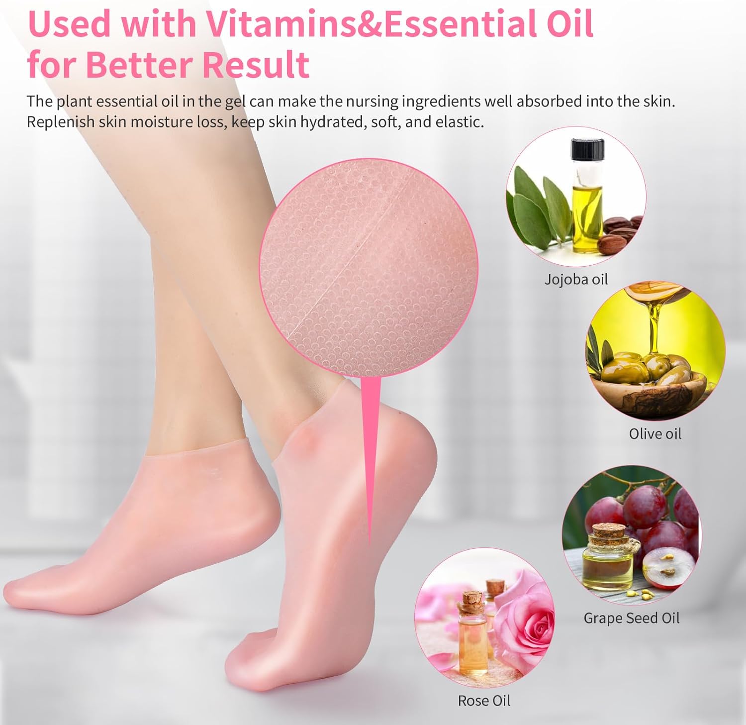 2 Pairs Silicone Moisturizing Socks for Dry Cracked Feet Women, Soft Gel Pedicure Foot Spa Aloe Socks, Anti-Slip Moisturizer Socks for Dry Cracked Feet Overnight Foot Care Pink&White