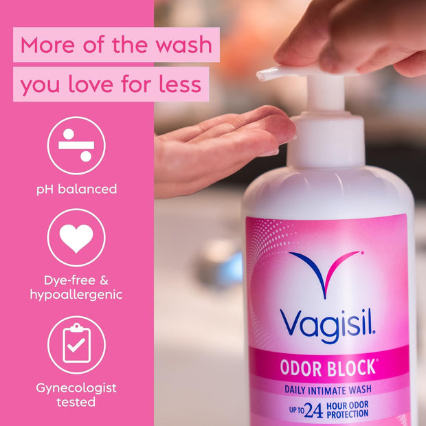 Vagisil Feminine Wash for Intimate Area Hygiene, Odor Block, Gynecologist Tested, Hypoallergenic, 16.9 oz with Pump