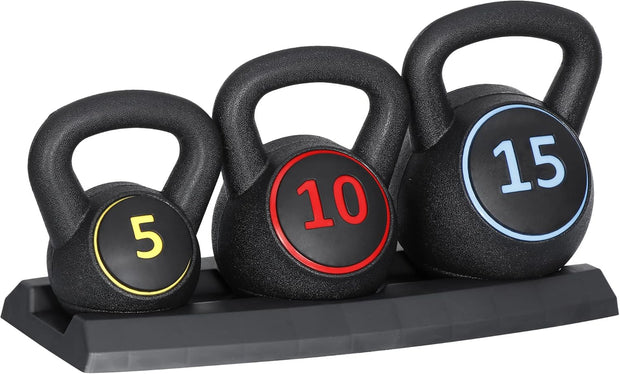 Nouva 3-Piece Kettlebell Sets with Storage Rack, 5lb, 10lb, 15lb Strength Training Kettlebells Wide Grip Kettlebell Exercise Fitness Weight Set for Home Gym Weightlifting, Strength & Core Training
