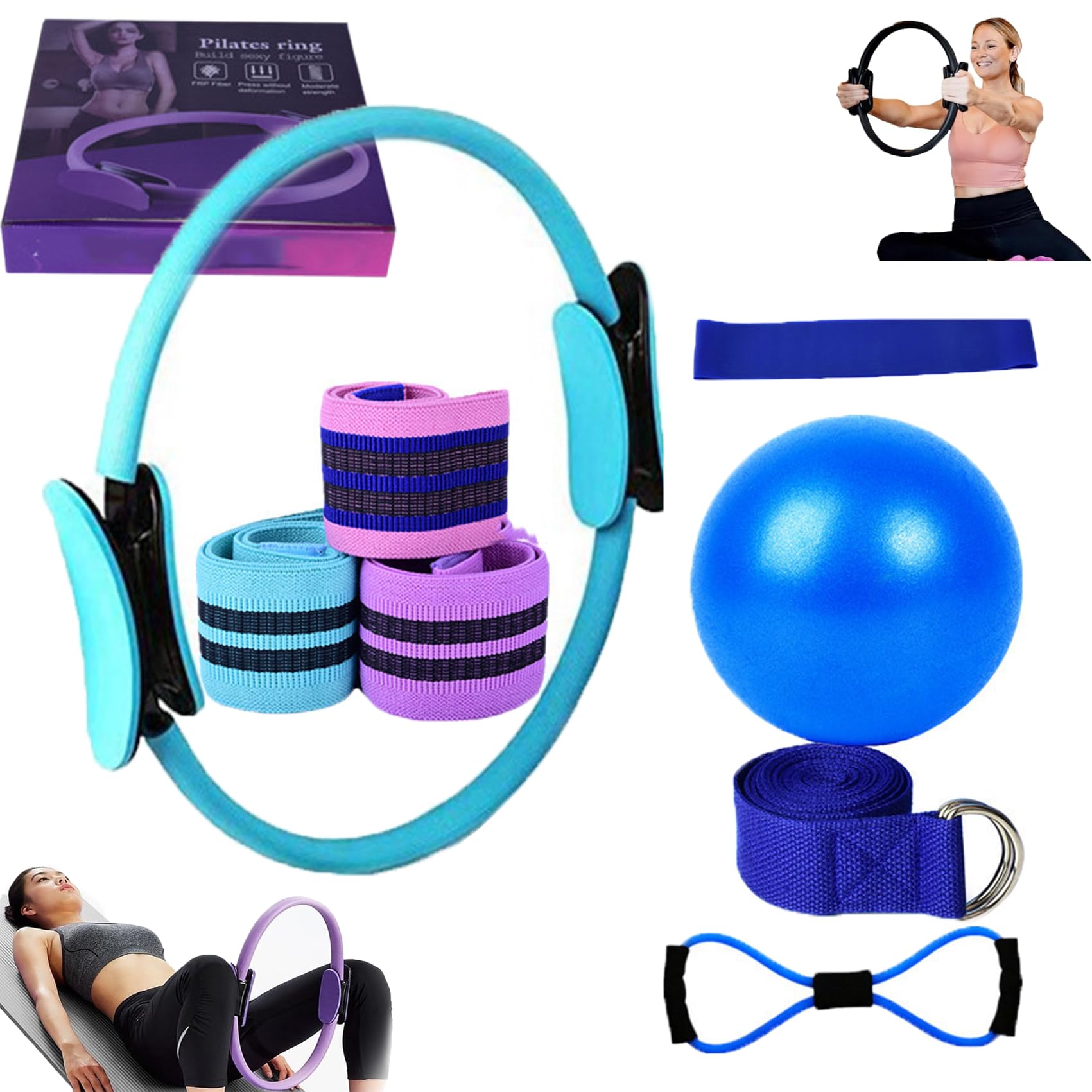 Pilates Essentials Kit for Women, Better Me Pilates Kit for Home Workouts, Pilates Rings Booty Bands for Working Out Glutes Yoga Ball 25cm Figure 8 Resistance Band Yoga Bands for Stretching
