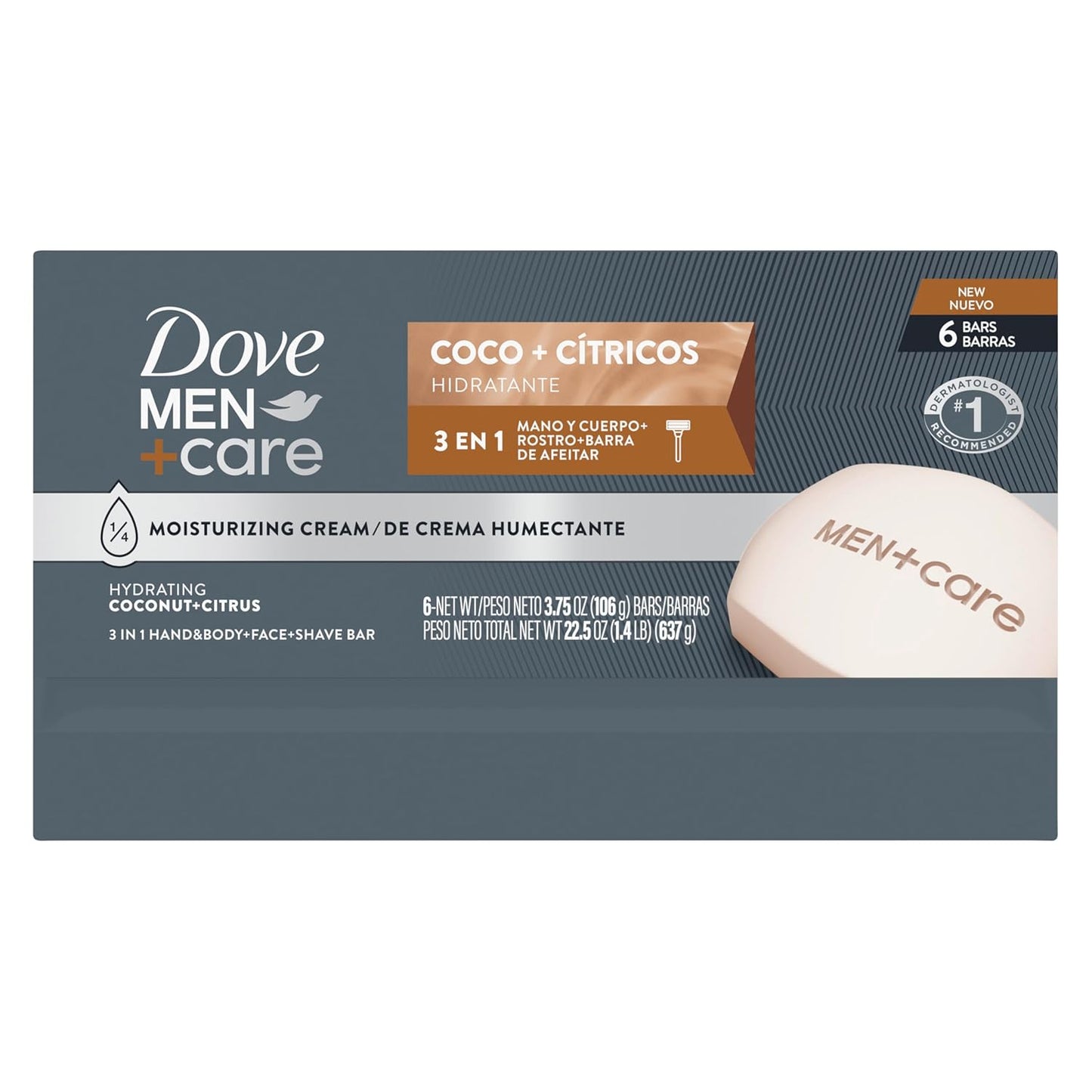 DOVE MEN + CARE Hidratante Coco + Cítricos Hand & Body Face + Shave Bar 6 Count for Hydrated Skin 3.75 oz