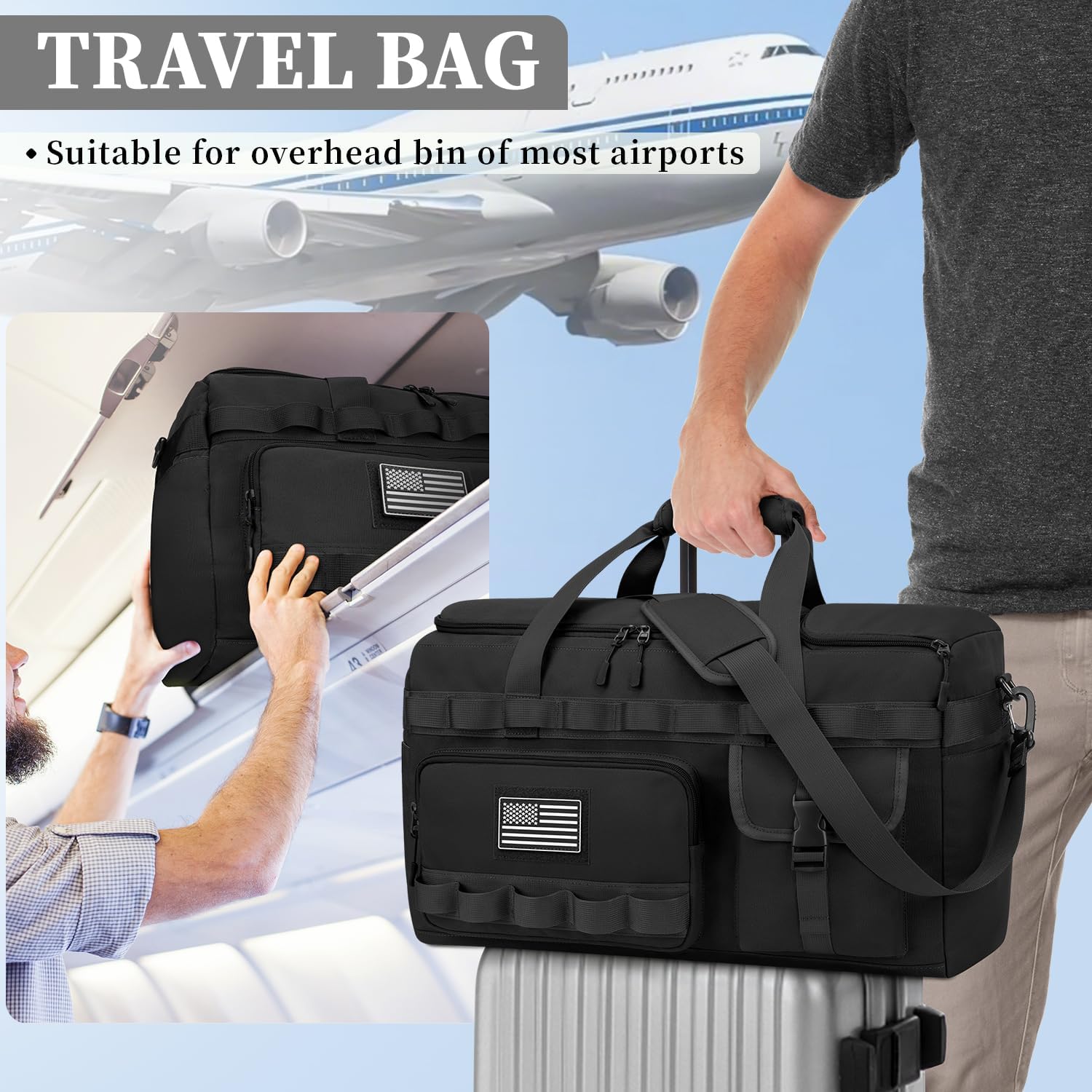 ZOMFELT Gym Bags for Men Women, Tactical Travel Duffle Bag with Removable Dividers & Shoe Compartment, Carry on Weekend Overnight Bag with Wet Pocket for Workout Sports Football Gym, Black