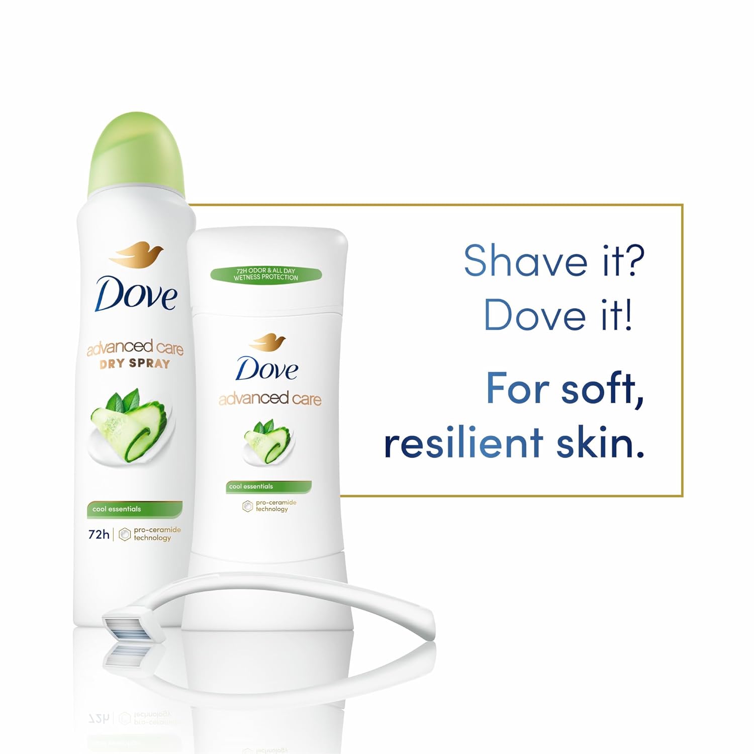 Dove Advanced Care Antiperspirant Deodorant Stick Cool Essentials 4 ct for helping your skin barrier repair after shaving 72 hour odor control and sweat protection with Pro Ceramide Technology 2.6 oz