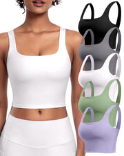 Womens Sports Bras 5 Packs - Square Neck Longline Workout Crop Tank Tops Padded Yoga Camisole with Built in Pads
