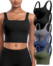 Womens Sports Bras 5 Packs - Square Neck Longline Workout Crop Tank Tops Padded Yoga Camisole with Built in Pads