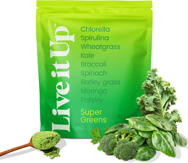 LIVE IT UP Super Greens Powder | All-Natural Plant-Based Superfood Blend with Probiotics & Digestive Enzymes | Supports Gut Health, Immunity, Energy, and Daily Wellness | No Added Sugar - 30 Servings