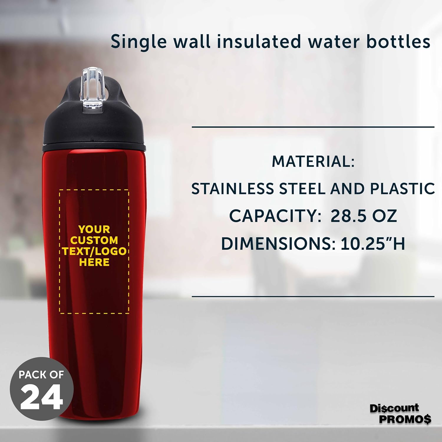 DISCOUNT PROMOS Custom Stainless Steel Water Bottle, 24 pack, Personalized Text, Logo, 28.5 oz Metal Sports Bottles with Flip Top, Easy Carrying, Red