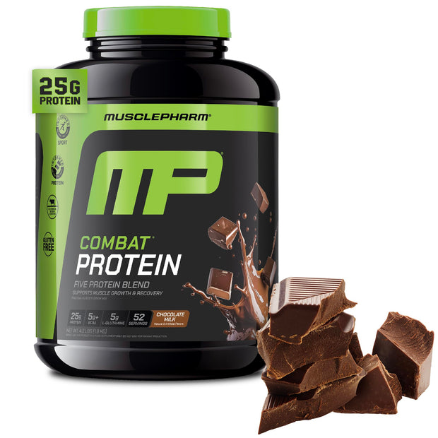 MusclePharm Combat Protein Powder, Chocolate Milk Flavor, Fuels Muscles for Productive Workouts, 5 Protein Sources Including Whey Protein Isolate & Egg Albumin, Gluten Free, 2 lb, 24 Servings