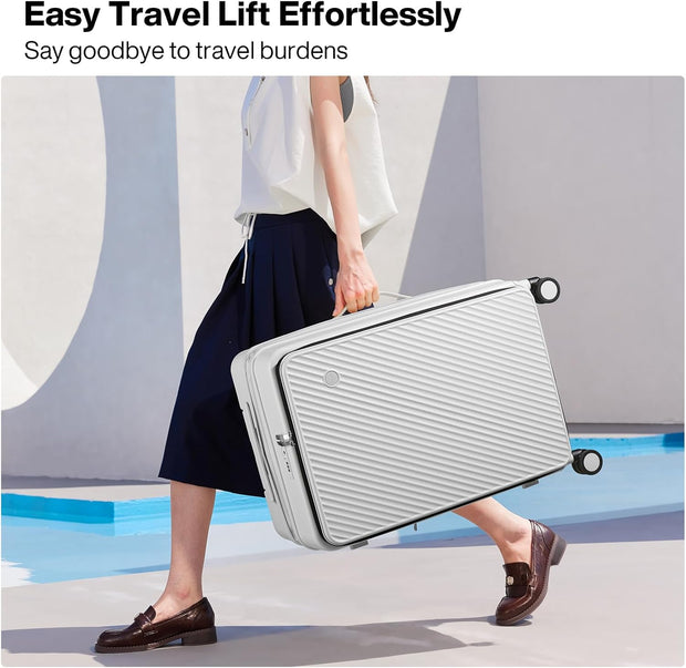 mixi 24 Inch Large Expandable Checked Luggage PC Hard Shell Suitcase Top Opening Rolling Travel Suitcases with Spinner Wheels & TSA Lock, Smoke White