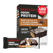 MUSASHI High Protein Bar, 45g Protein, <1g Total Sugars, Dark Chocolate & Salted Caramel, Post Workout and Protein Snack On The Go, 12 Pack of 3.2oz (90g) Bars