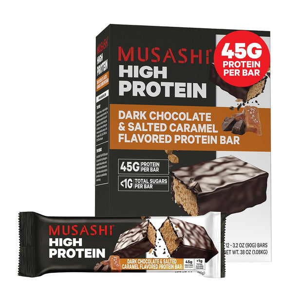 MUSASHI High Protein Bar, 45g Protein, 2g Total Sugars, Peanut Butter & Milk Chocolate Coated, Post Workout and Protein Snack On The Go, 12 Pack of 3.2oz (90g) Bars