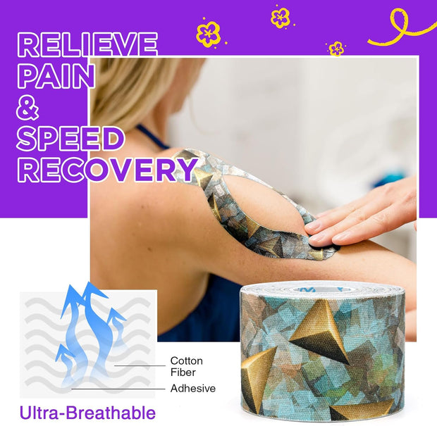 OK TAPE Patterned Kinesiology Tape, Elastic Physical Therapy Athletic Tape for Pain Relief & Muscle Support, Uncut Kinetic Tape, 2in x 16.4ft- 2 Rolls (Pyramid)