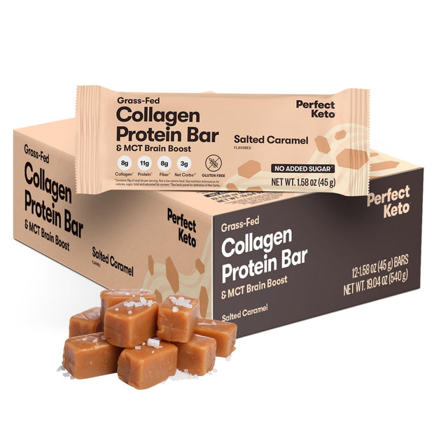Perfect Collagen Protein Bars, Gluten Free Grass Fed Collagen + MCT Oil, Low Carb, No Sugar Added, High Protein Snacks, Keto Diet Foods, 11g Protein, 18g Fat, 3g Net Carbs, Chocolate Chip, 12 Bars