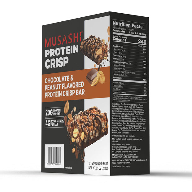 MUSASHI Protein Crisp Bar, 20g Protein, 4g Total Sugars, Chocolate & Peanut, Post Workout and Snack On The Go, 12 Pack of 2.1oz (60g) Bars