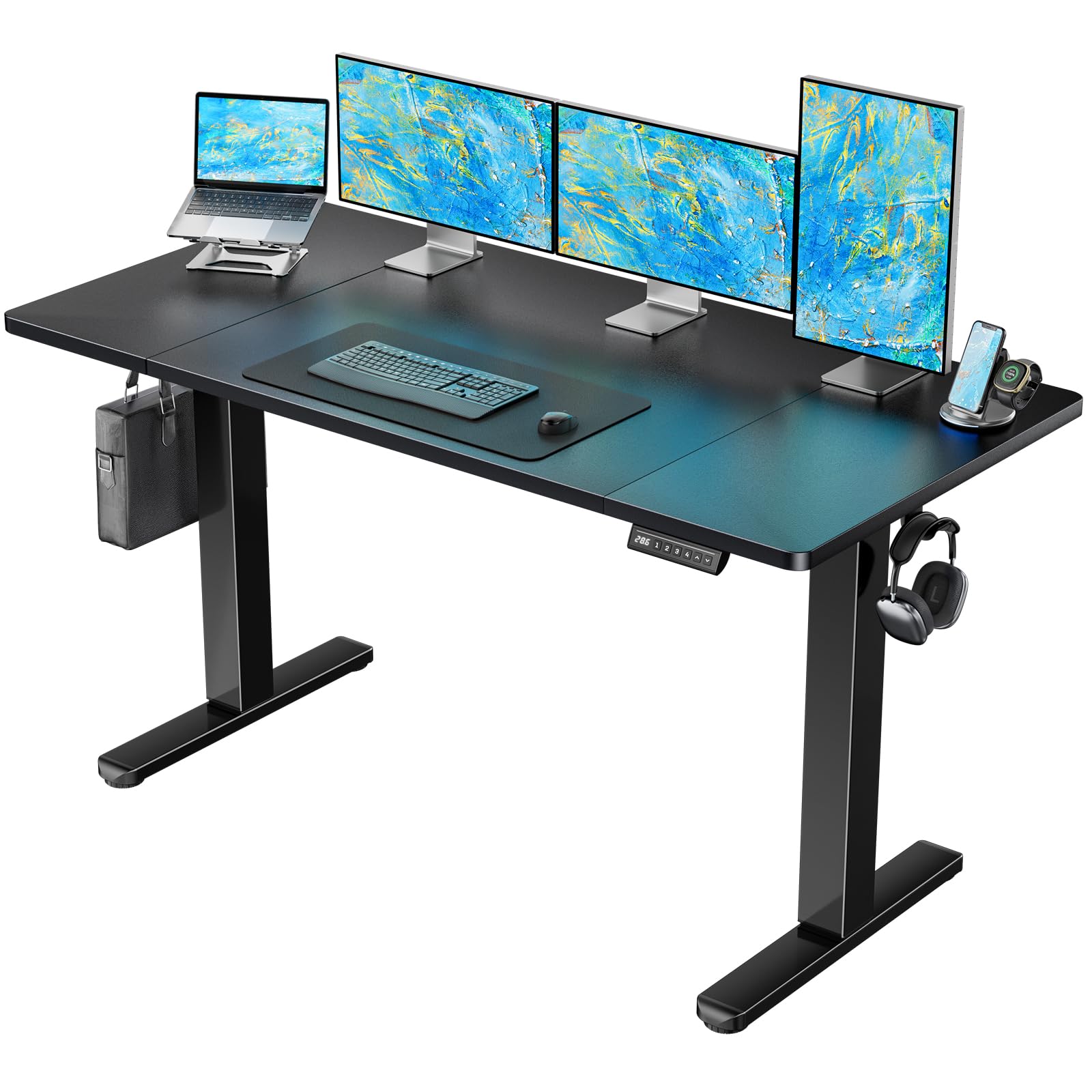 HUANUO 48 x 24 inch Electric Standing Desk, Height Adjustable Table with Headphone Hooks & Cable Manager, Sit to Stand up Desk for Home Office, Vintage Brown