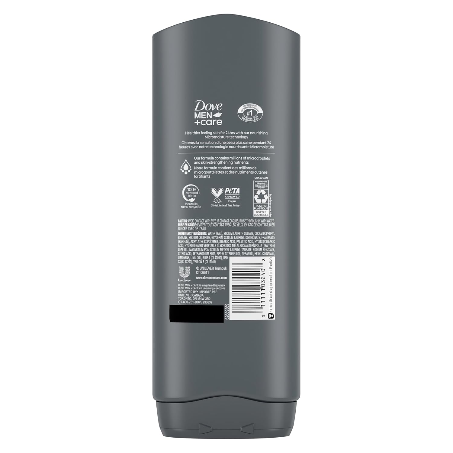 Dove Men+Care Post-Workout 3-IN-1 (Body + Face + Hair Wash) With Peppermint 4 Count Infused with Electrolytes + Magnesium 18 oz