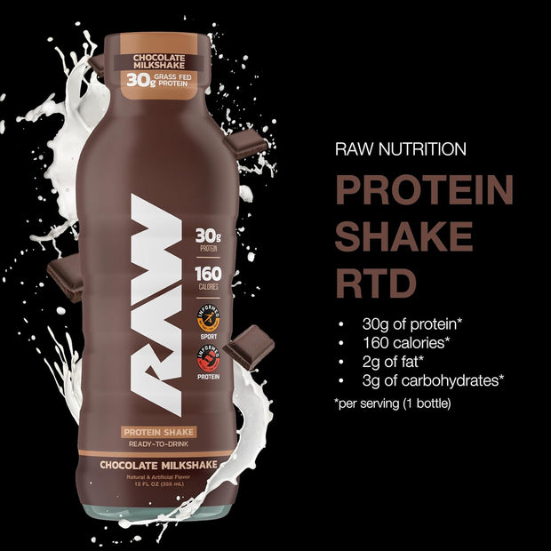 RAW Ready-to-Drink Protein Shake, Chocolate - RTD Protein Drinks with Grass-Fed Whey Protein Isolate for Post-Workout - Zero-Sugar & Gluten-Free Meal Replacement Drink & Breakfast Shake, 12 Fl Oz