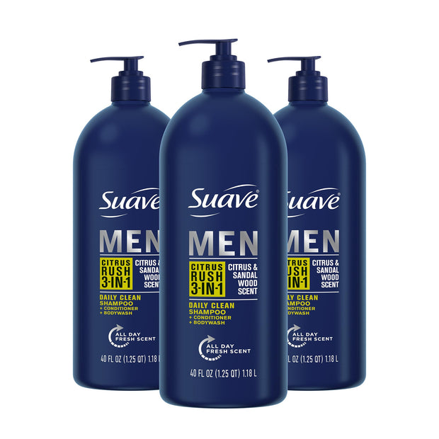 Suave Men Shampoo Conditioner Bodywash 3 in 1 Charcoal &Warm Ginger to Cleanse and Nourish Hair and Skin, 40 oz Pack of 3