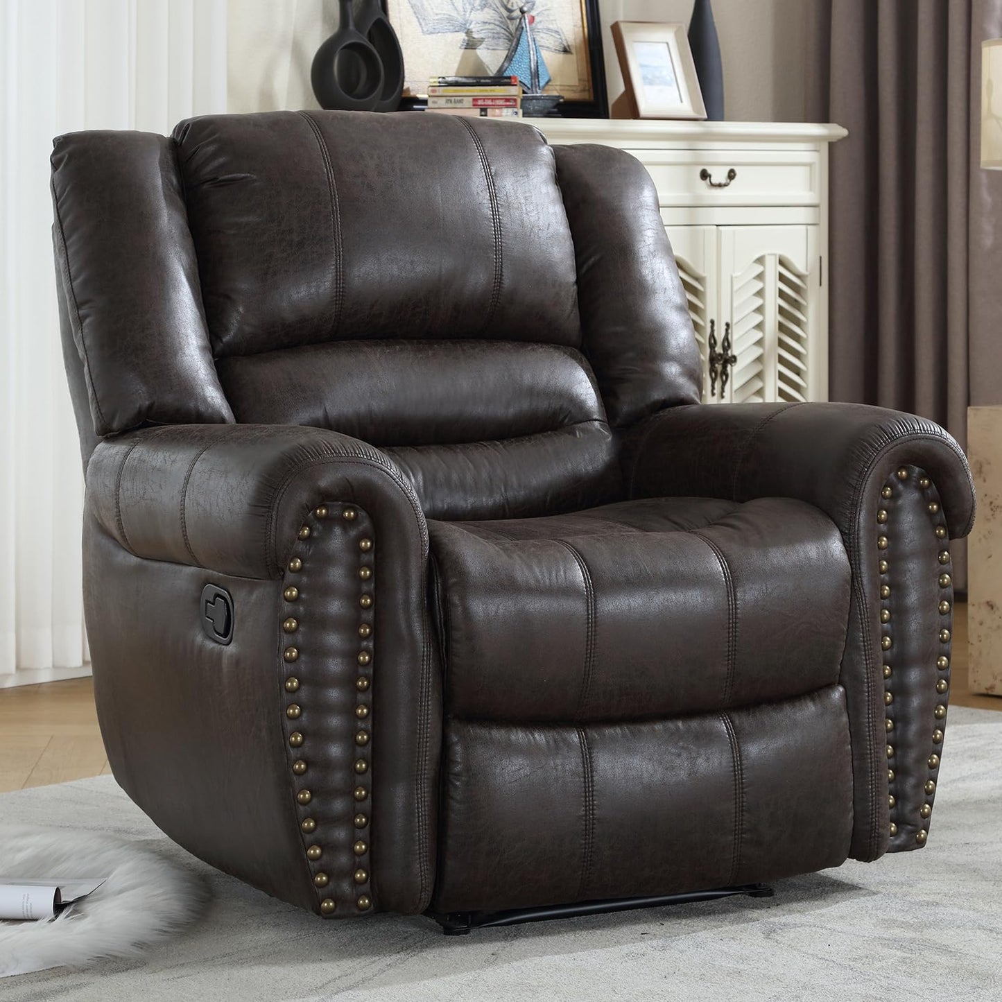 CANMOV Leather Recliner Chair Set of 2, Classic and Traditional Manual Recliner Chair with Comfortable Arms and Back,Manual Single Recliner Sofa for Living Room, Nut Brown