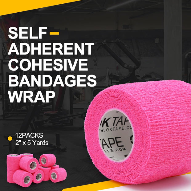 OK TAPE 12 Rolls Self Adhesive Bandage Wrap, Elastic Athletic Tape, Self Stick Bandage Tape, Vet Wrap, Medical Wrap for Wrist, Feet, 2" x 5 Yards - Black