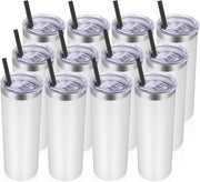 VEGOND Stainless Steel Tumblers Bulk 12 Pack, 20 oz Vacuum Insulated Skinny Tumblers with Lids and Straws, Double Wall Coffee Mug, Travel Water Cup, White