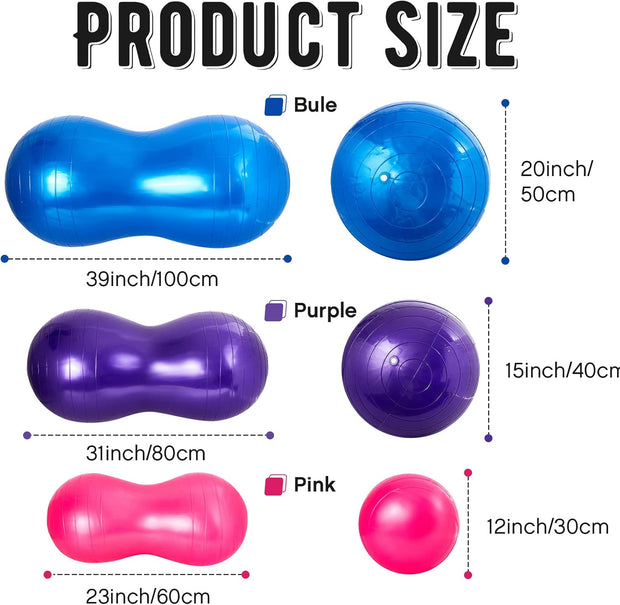 Jexine 3-Piece Anti-Burst Peanut Shape Ball Set - Exercise Yoga Balance Stability Ball for Kid Therapy, Pregnancy, and Home Gym, Includes 1 Pump, 3 Size Options