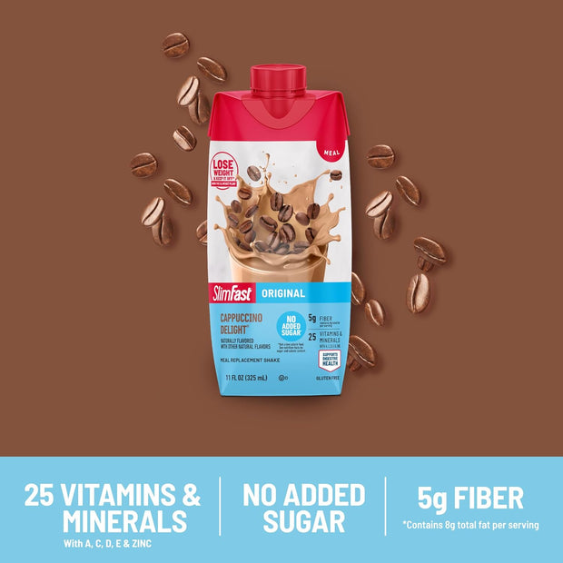 SlimFast Meal Replacement Shake, Original Cappuccino Delight, No Added Sugar, Meal Replacement Shakes, 10g Ready to Drink Protein, 5g Fiber, 25 Vitamins and Minerals, 11 Fl. Oz, 12 Count