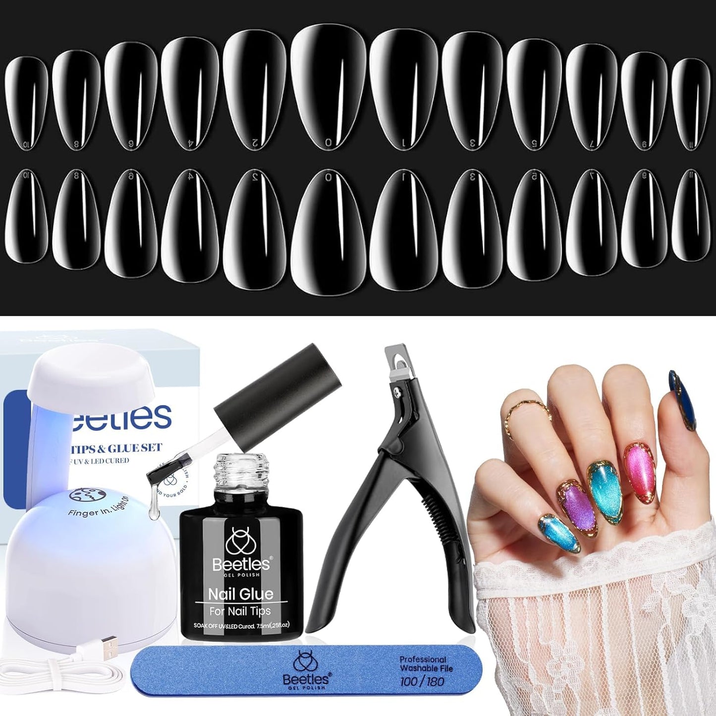 Beetles Gel Nail Tips Easy Nail Extension Etch X Nail Tips 12 Sizes 504Pcs Short Almond Half Matte Nail Tips Gelly Tips Full Cover False Nails Gifts for Girls