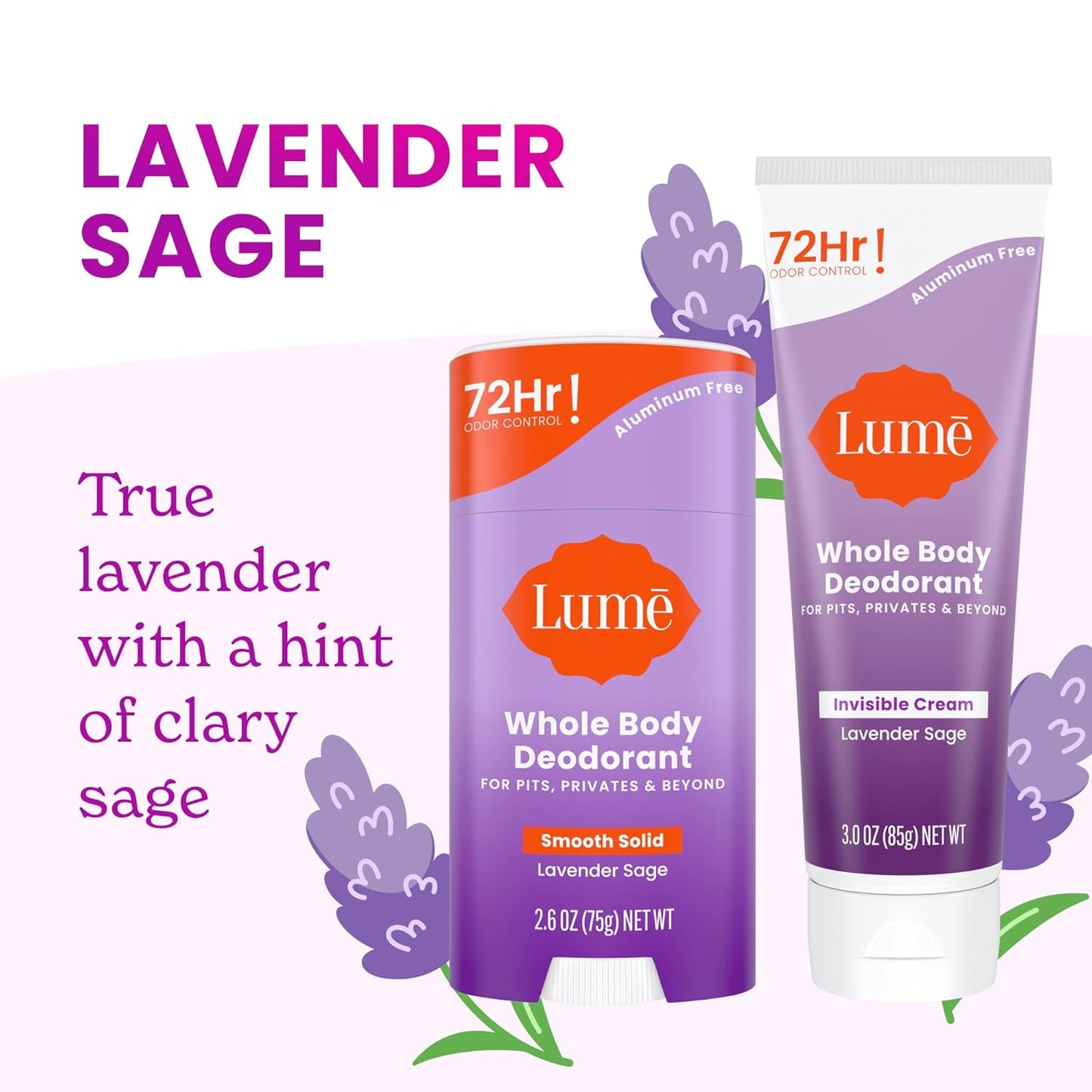 Lume Whole Body Deodorant - Invisible Cream and Solid - 72 Hour Odor Control - Aluminum Free, Baking Soda Free, Skin Safe - 3.0 Ounce Cream and 2.6 Ounce Solid Bundle (Lavender Sage)