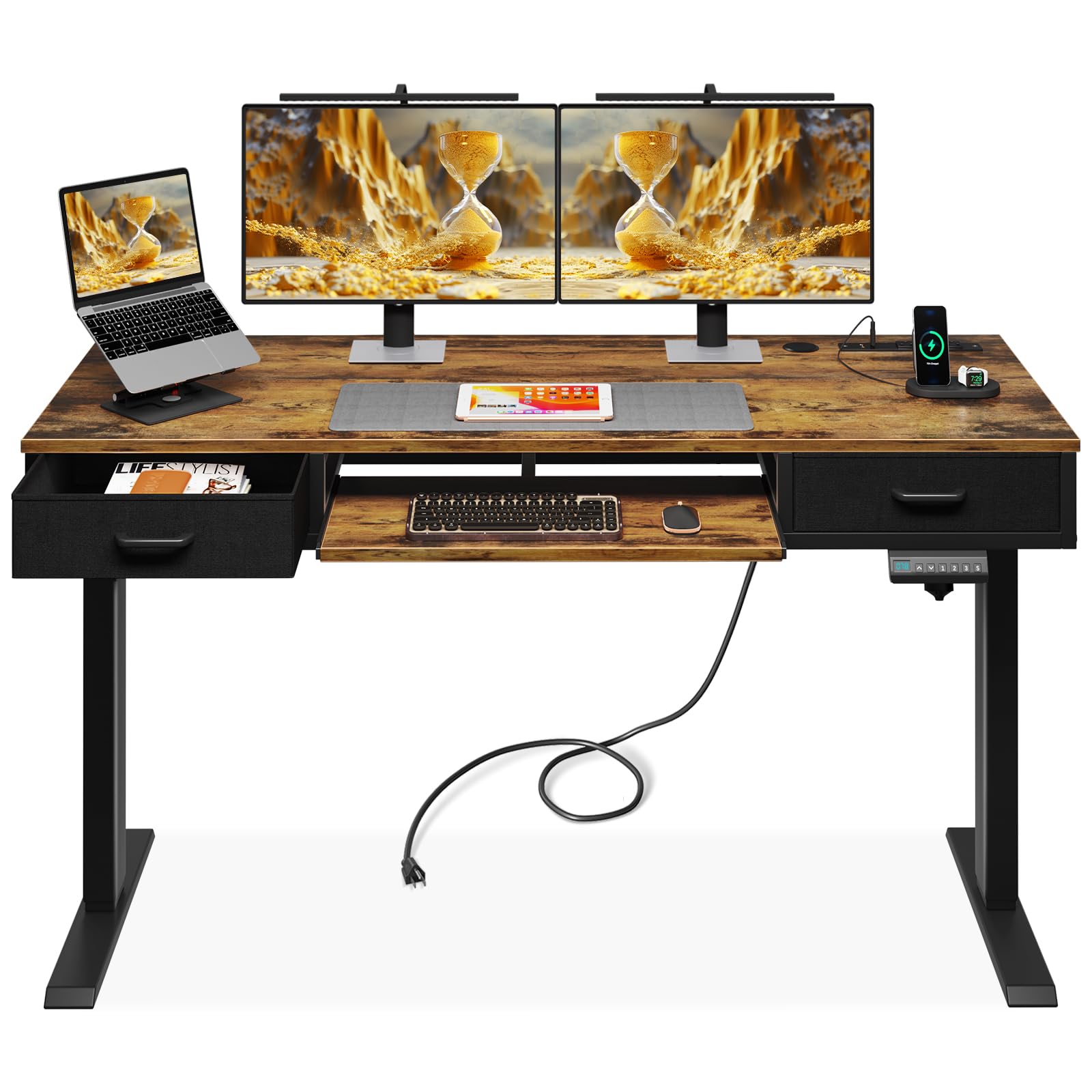 AODK Electric Standing Desk with Drawers & Keyboard Tray, 55 Inch Height Adjustable Desk with Power Outlets, Sit Stand Table, Writing Computer Desk for Home, Office, Workstation, White