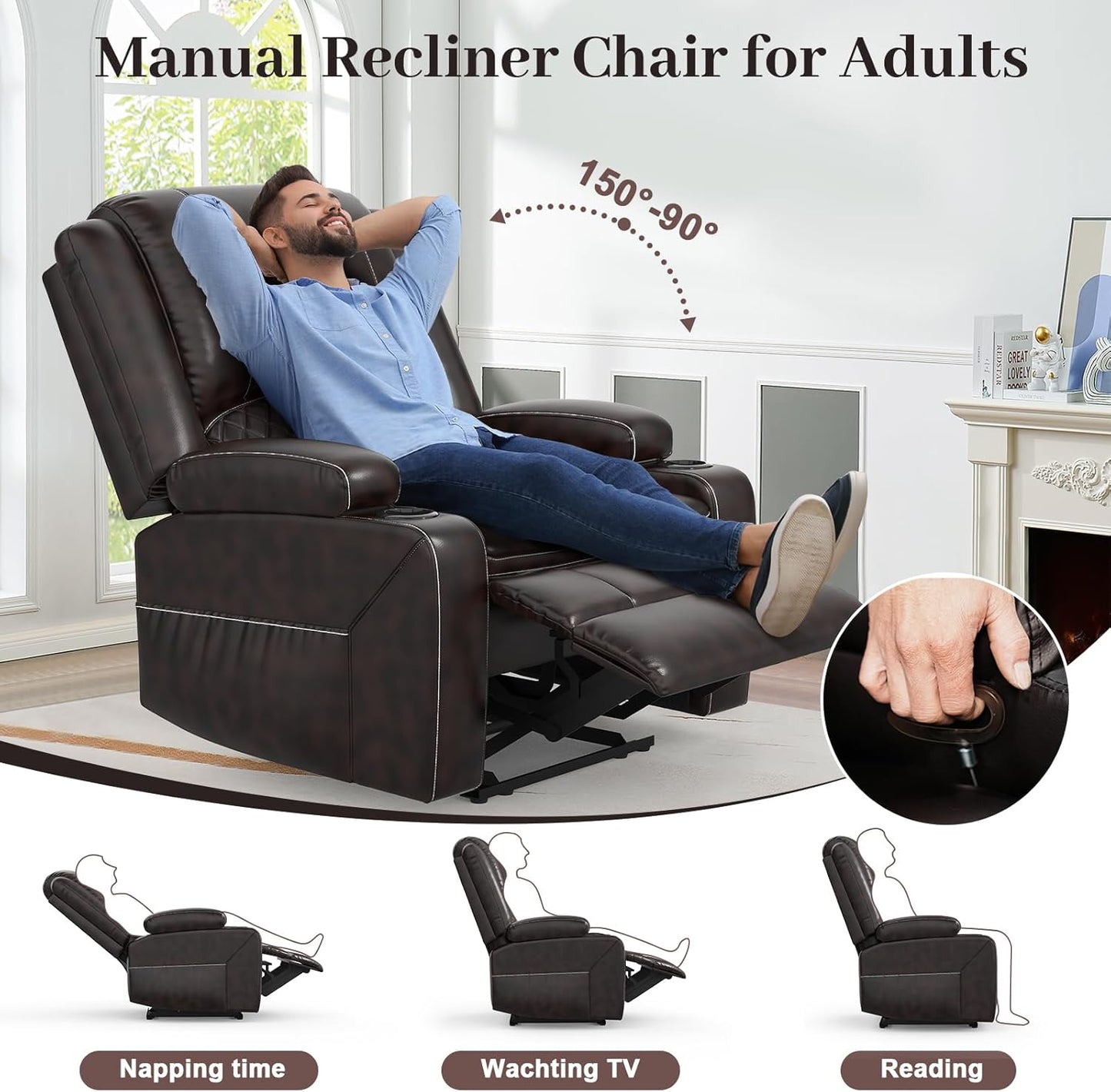 Loveseat Recliner Sofa Set with 2-Tier Cushion, 2+1+1 Pieces in Living Room, 2 Seater Reclining Loveseat Leather with Removable Console, 2 Oversize Recliner Chair Sofa Seat - Grey