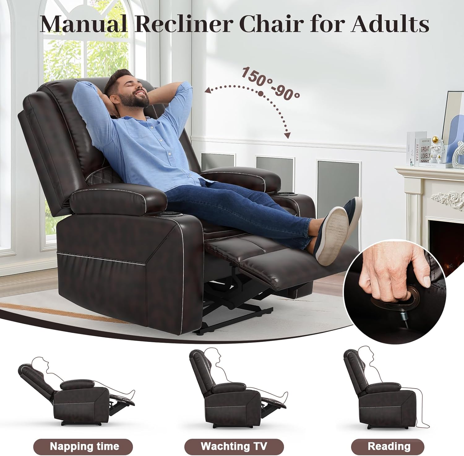 Loveseat Recliner Sofa Set with 2-Tier Cushion, 2+1+1 Pieces in Living Room, 2 Seater Reclining Loveseat Leather with Removable Console, 2 Oversize Recliner Chair Sofa Seat - Grey