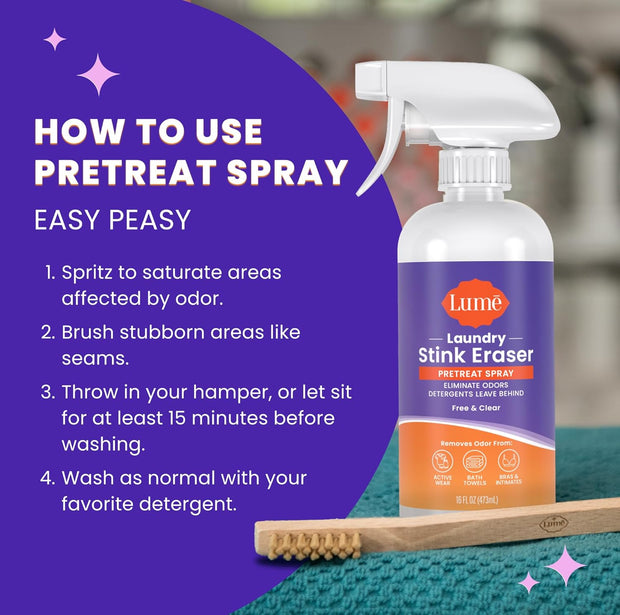 Lume Laundry Stink Eraser - Pretreat Spray & Laundry Brush - Eliminates Body Odor In Clothes - Odor Blasting Enzyme Blend - Makes Your Detergent Work Better - Free And Clear - 16 fluid ounces