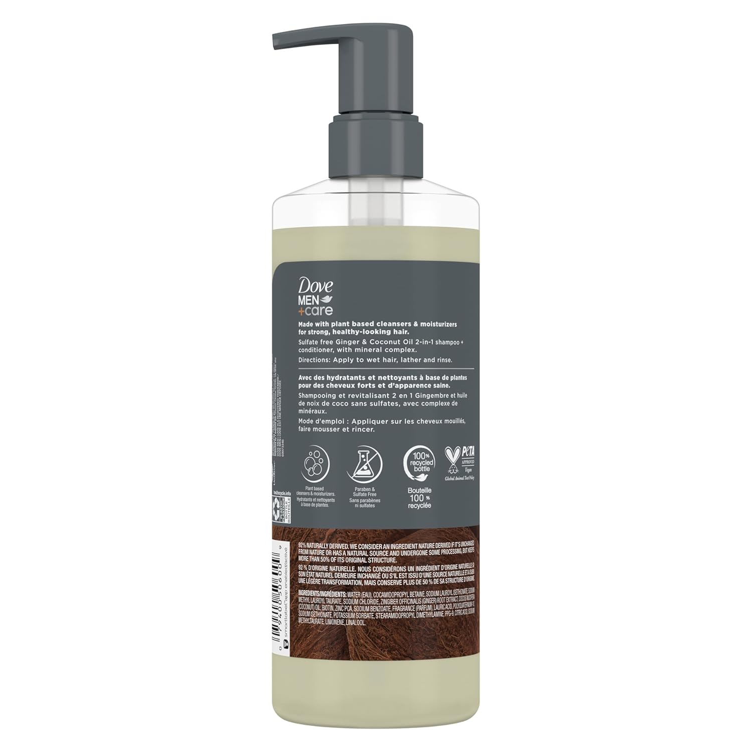 DOVE MEN + CARE 2-in-1 Shampoo + Conditioner Ginger & Coconut Oil for Hydrated Hair, +Mineral Complex, 17.5 oz