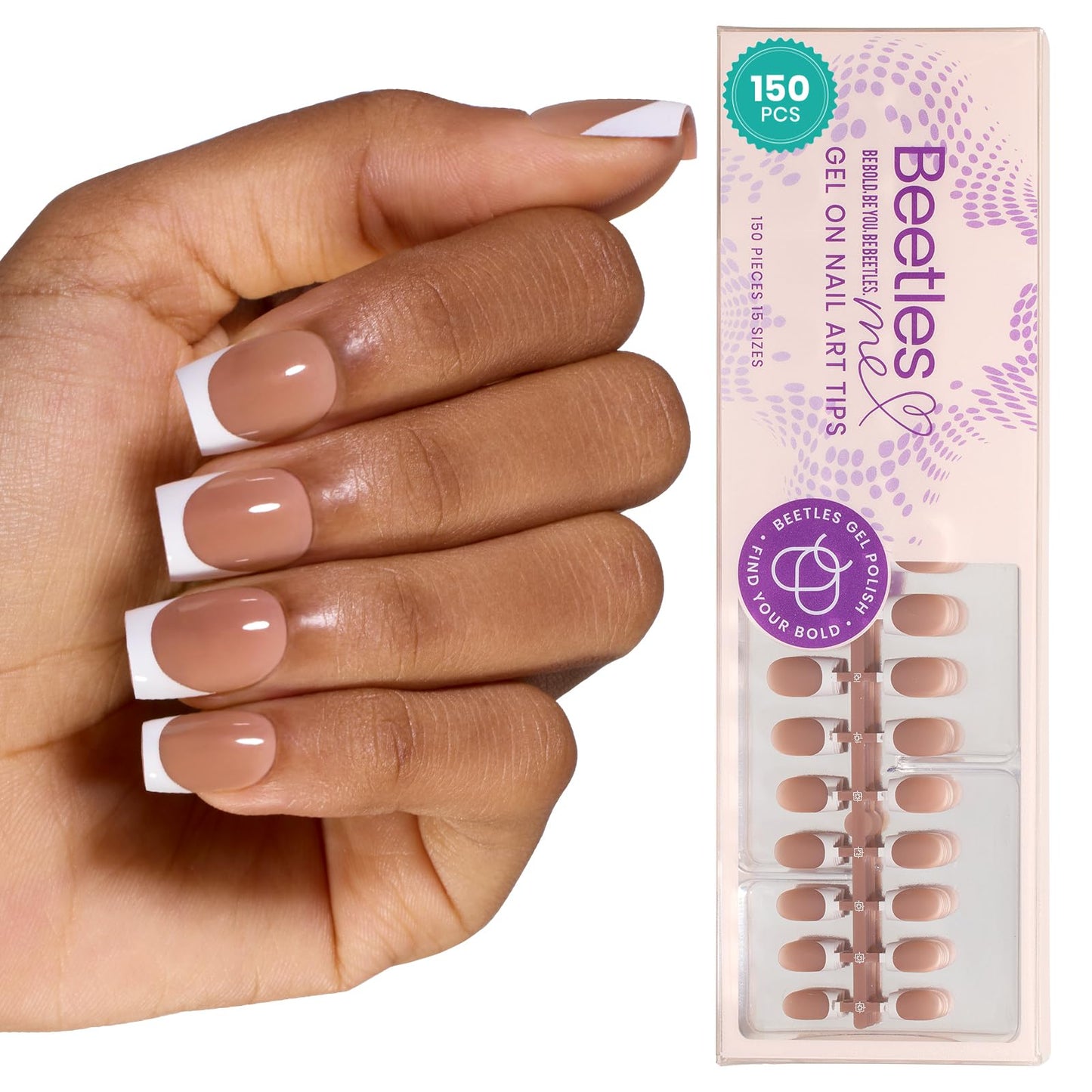 Beetles X Press Gel Nail Kit: Long Square French Tip Press On Nails Kit With 224Pcs Nail Tips Nail Glue & Builder Top Coat Mini UV Light, All-in-One DIY Designs Gift For Women At Home 16 Size