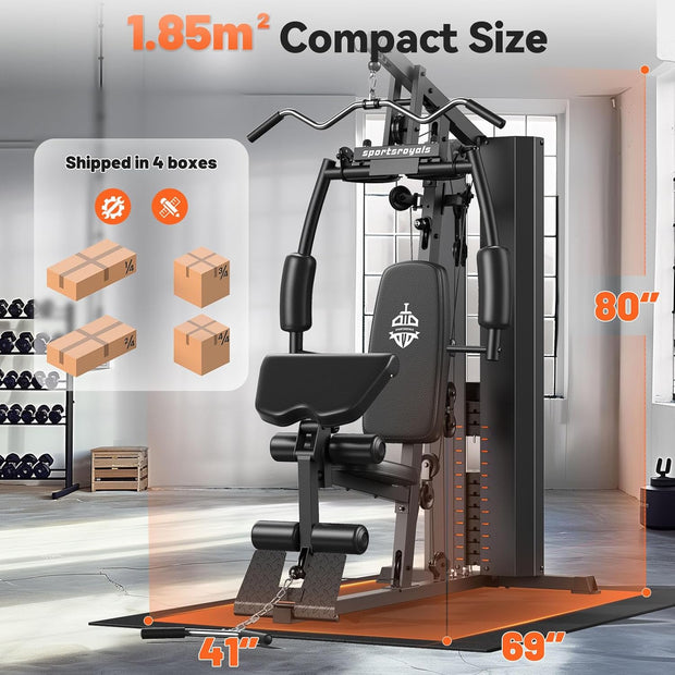 Sportsroyals Home Gym Equipment, 154LBS Weight Stack, Full Body Workout Machine with Pulley System for Strength Training
