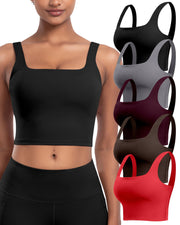 Womens Sports Bras 5 Packs - Square Neck Longline Workout Crop Tank Tops Padded Yoga Camisole with Built in Pads